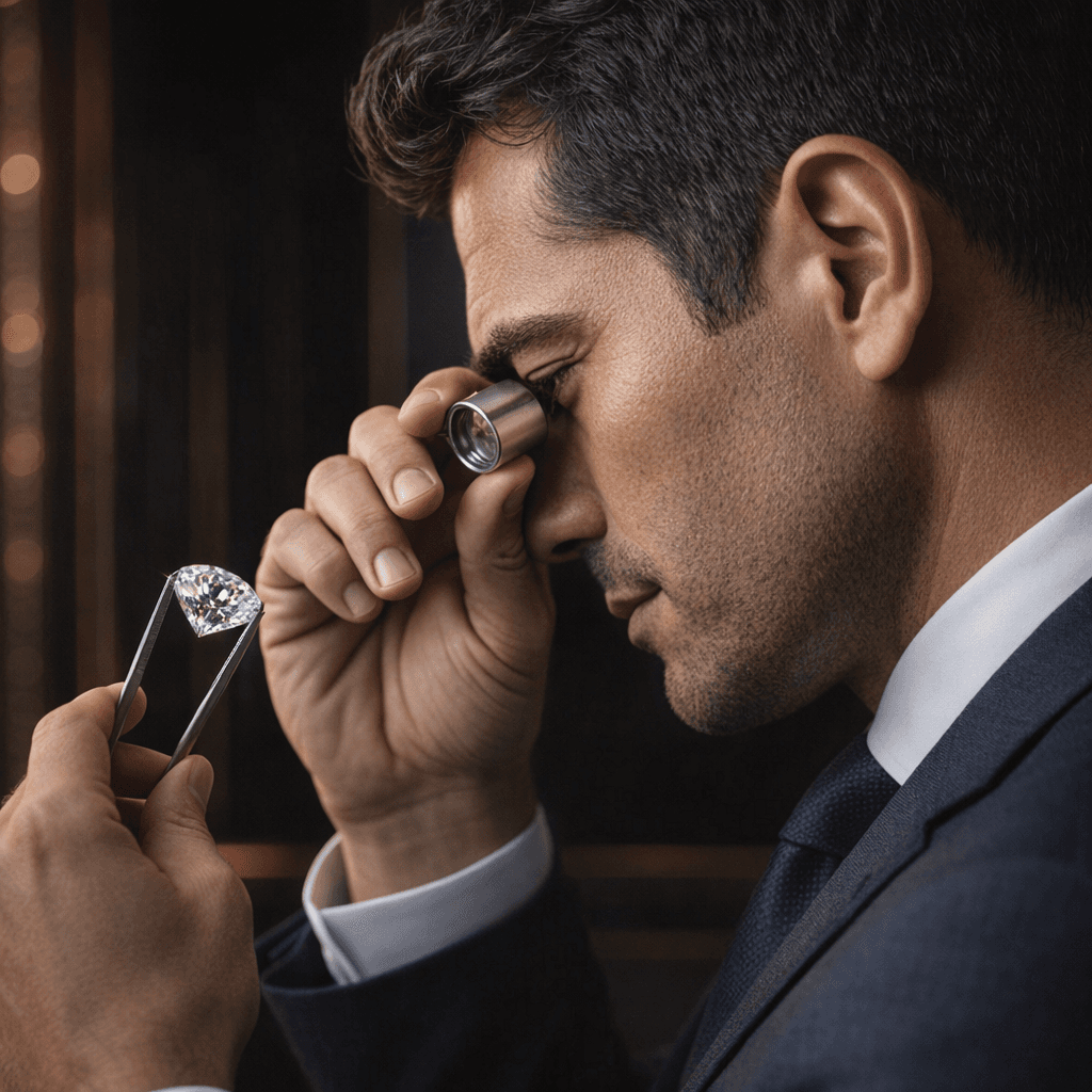 Gemólogo español de perfil valorando un diamante con lupa