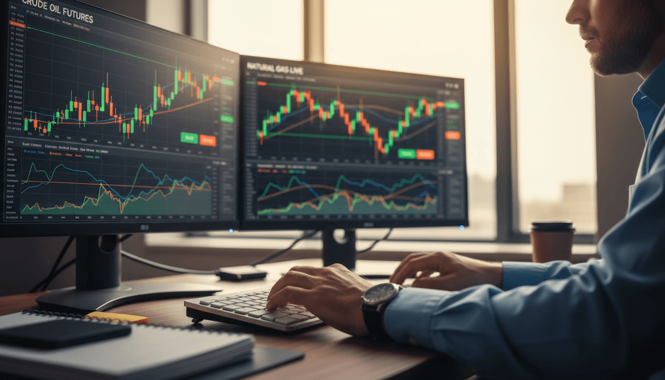 Professional trader analyzing energy market data on dual monitors with natural window lighting in modern workspace